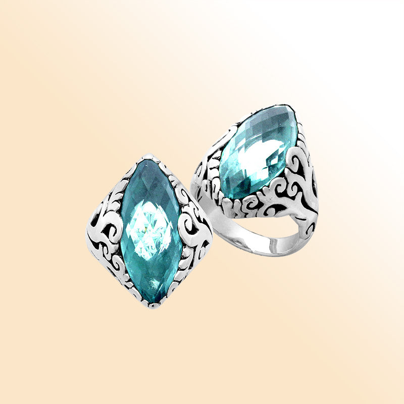Sterling Silver Blue Topaz Quartz Marquise Balinese Ring Handcrafted In Indonesia