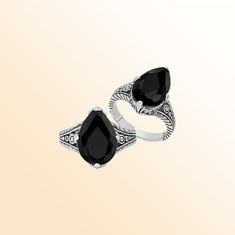 Vintage sterling silver Black Onyx cocktail ring with handcrafted Balinese artisan detailing