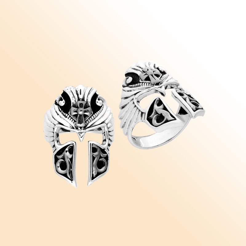 Handcrafted Sterling Silver Beautiful Designer Warrior Helmet Armor Heritage Ring With Balinese Detailing.