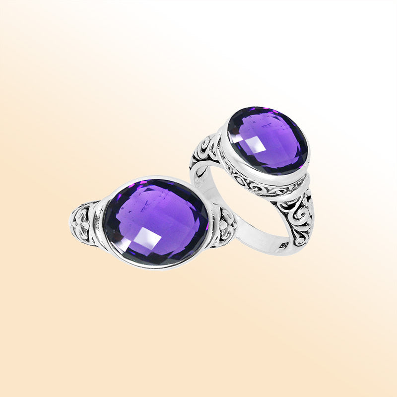 Handcrafted Sterling Silver Elegant Amethyst Quartz Oval Balinese Scrollwork Luxury Statement Ring.