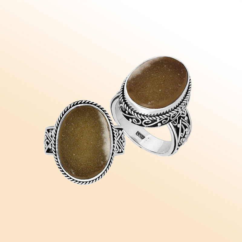 Handcrafted Sterling Silver Elegant Druzy Quartz Oval Balinese Engraved Luxury Statement Ring.