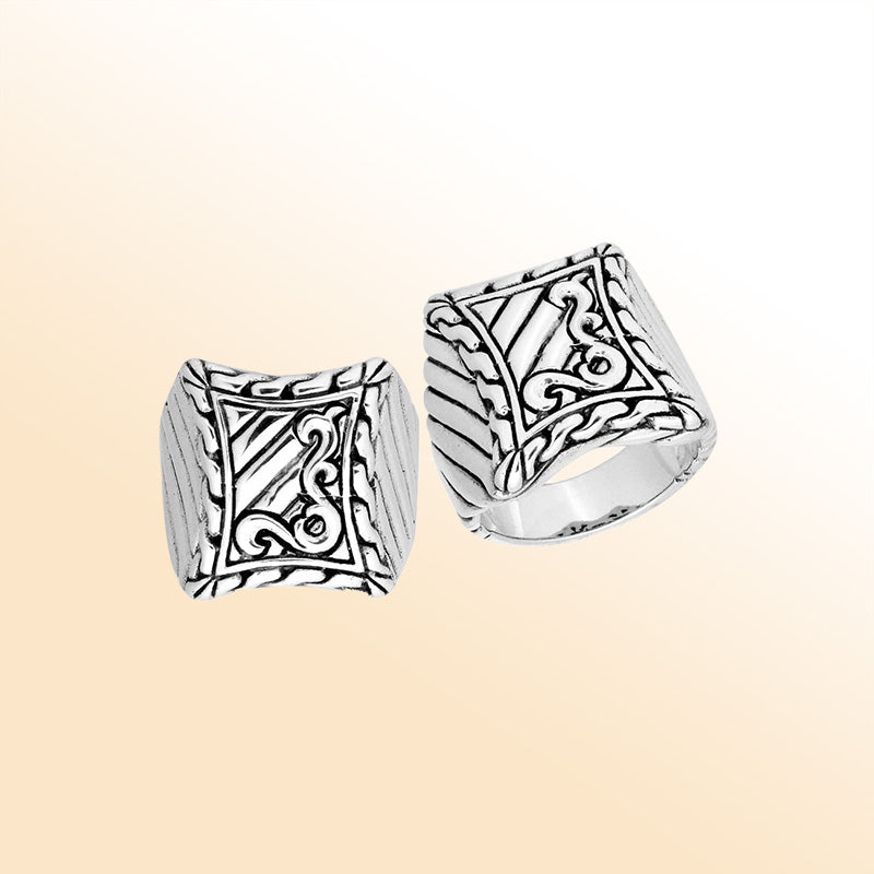 Sterling Silver handcrafted tribal design ring from Bali, Indonesia with engraved swirl and line details