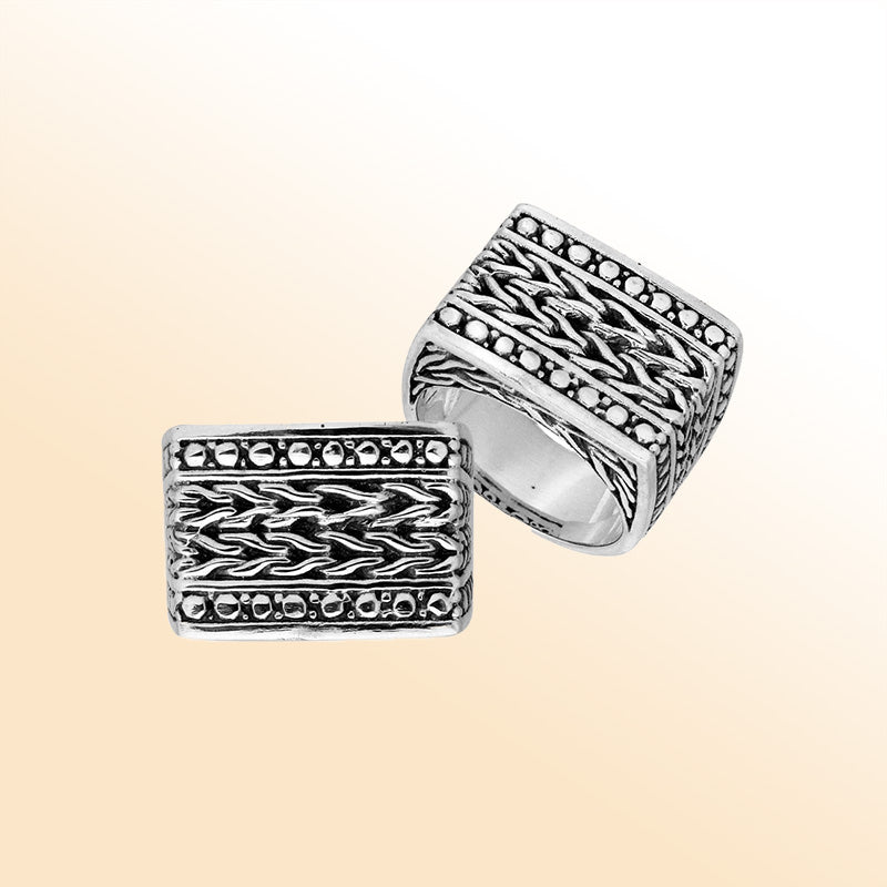 Sterling Silver handcrafted braided ring from Bali, Indonesia with dotted borders and oxidized vintage finish