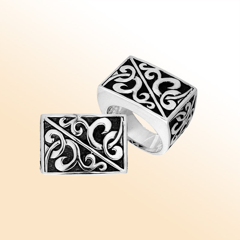 Sterling Silver beautiful designer rectangular ring handcrafted in Bali, Indonesia with oxidized artistic detailing