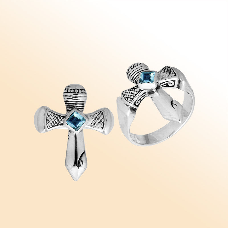 Sterling Silver beautiful ring with Blue Topaz Quartz handcrafted in Bali, Indonesia with cross-inspired design