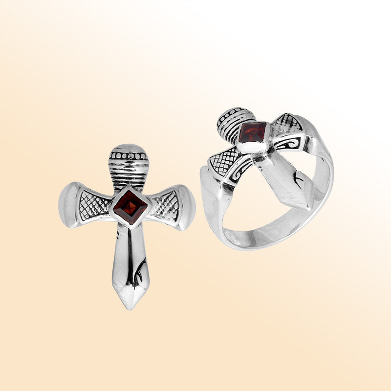 Sterling Silver beautiful ring with Garnet handcrafted in Bali, Indonesia with cross-inspired design