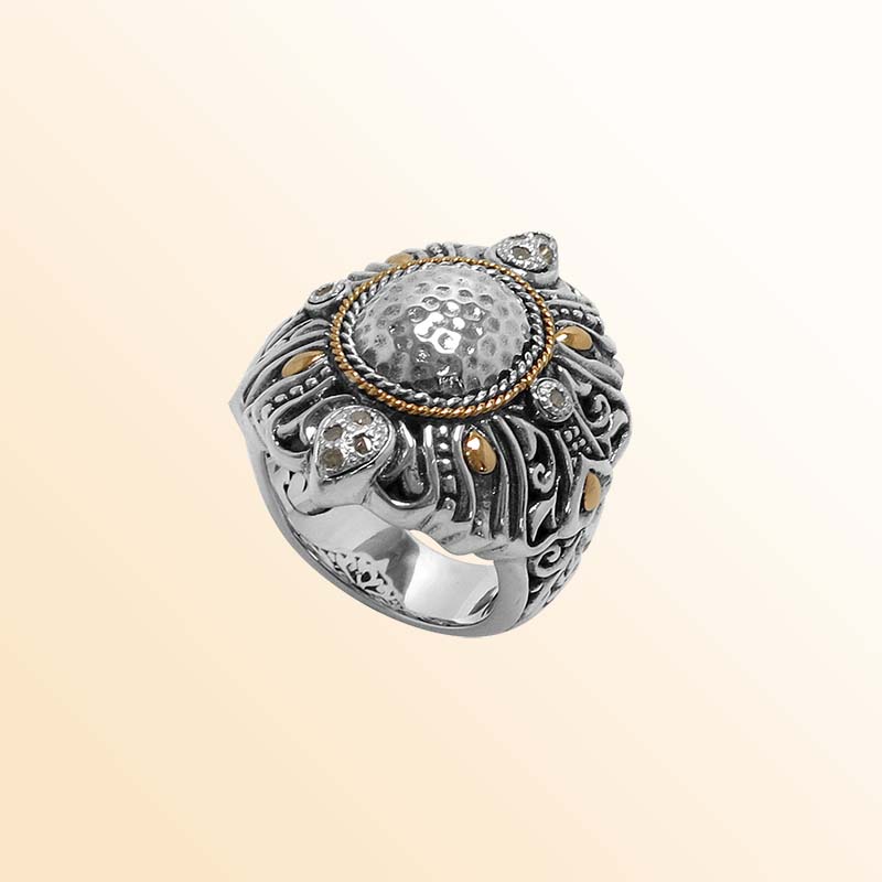 Handcrafted Sterling Silver And 18K Gold Ring With Diamond Accents And Hammered Dome