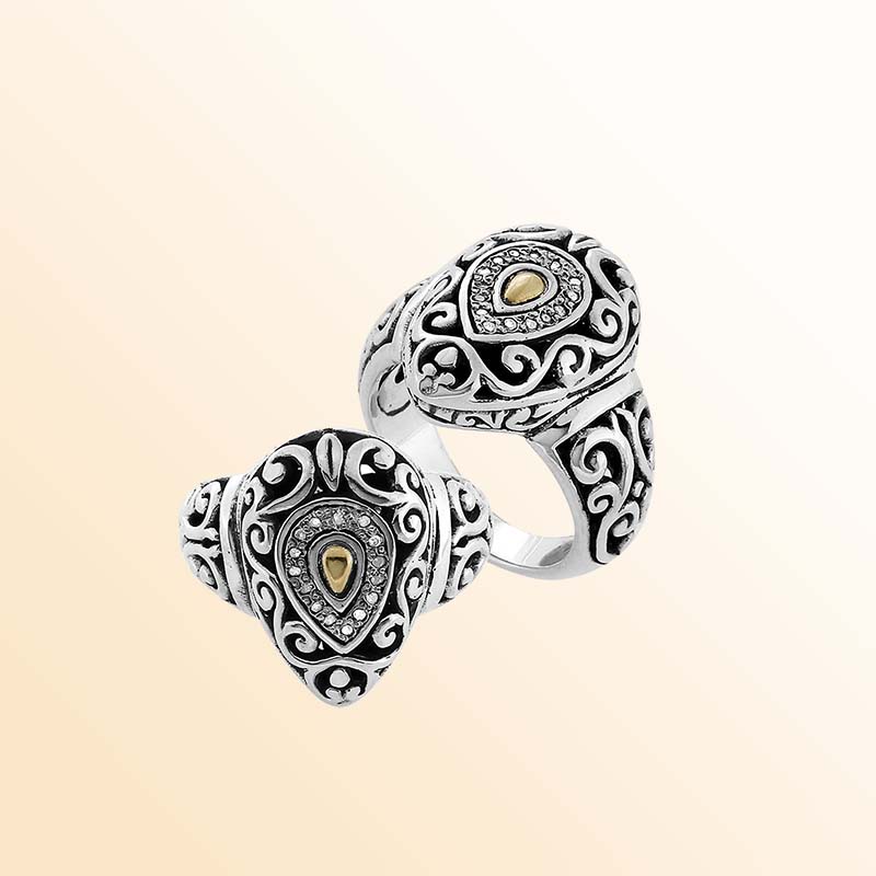 Handcrafted Sterling Silver And 18K Gold Teardrop Ring With Diamond Halo And Balinese Scrollwork