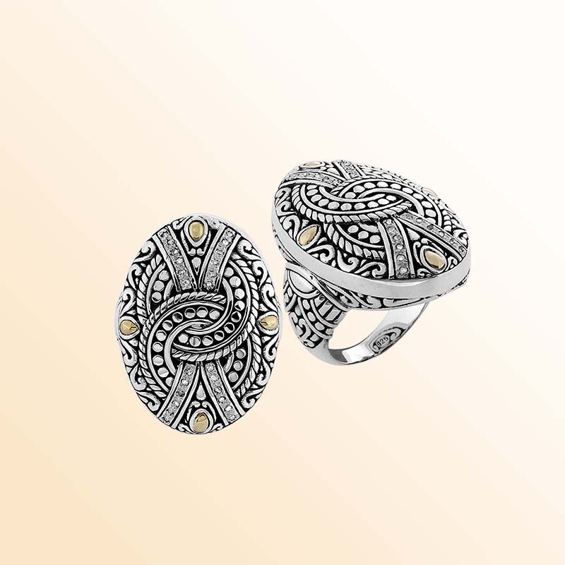 Handcrafted Sterling Silver And 18K Gold Oval Ring With Diamond Accents And Balinese Knot Motif