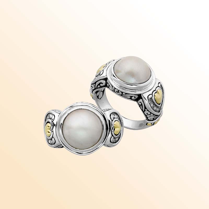 Handcrafted Sterling Silver And 18K Gold Mabe Pearl Diamond Ring With Balinese Heart Accents