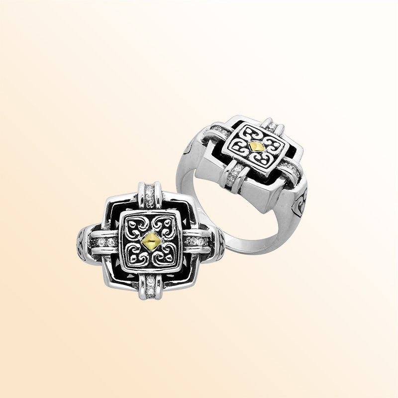 Sterling Silver And 18K Gold Diamond Artisan Square Balinese Ring
