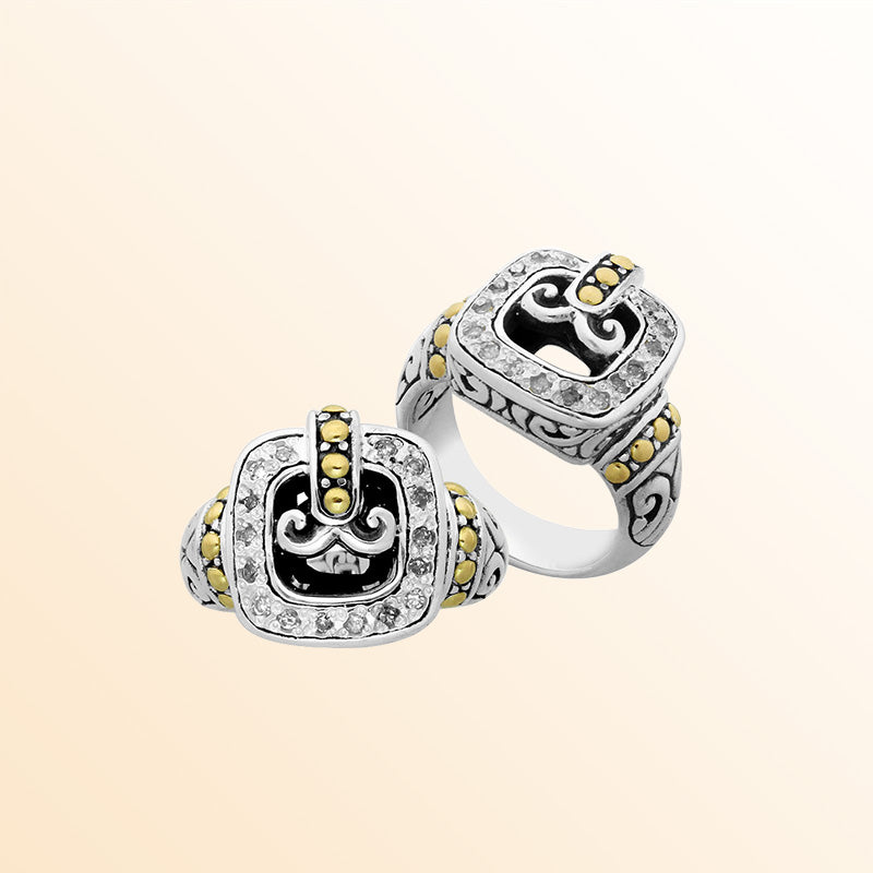 Sterling Silver Dual-Tone Diamond Buckle Ring With Gold Accents And Balinese Scrollwork.