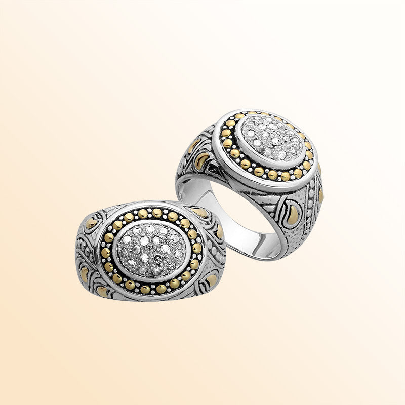Sterling Silver Diamond Oval Cluster Ring With 18K Gold Accents And Intricate Balinese Carvings.