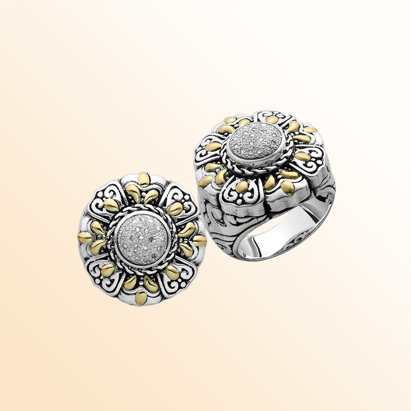 Sterling Silver With 18K Gold Diamond Floral Mandala Ring With Intricate Balinese Carvings.