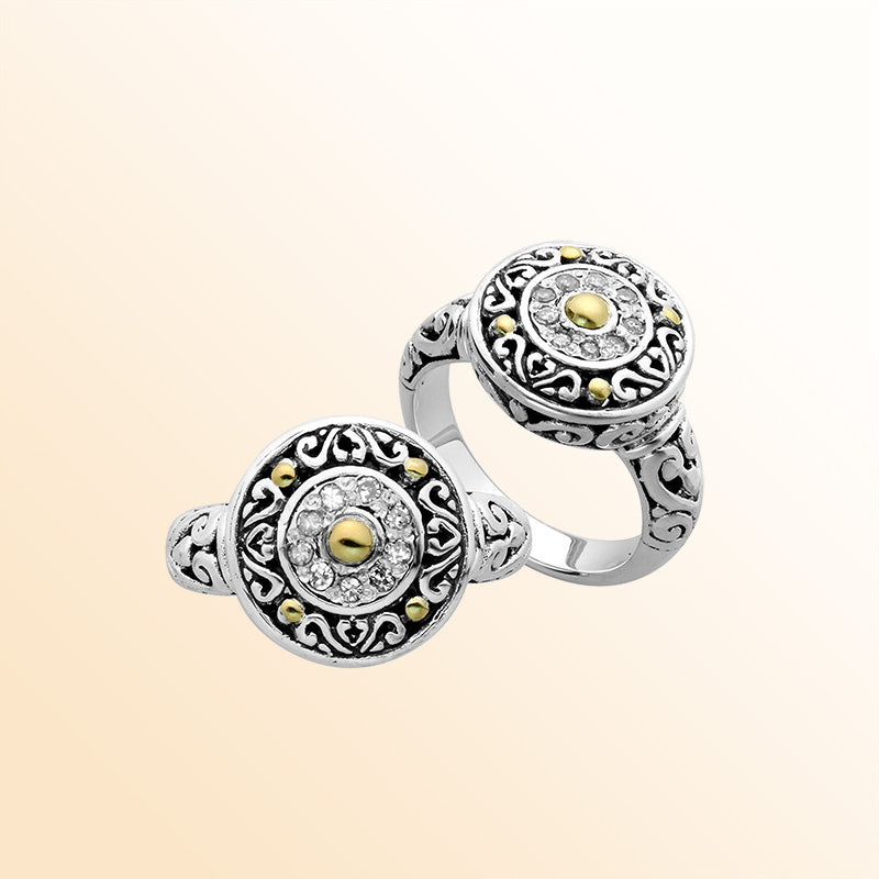 Sterling Silver With 18K Gold Diamond Mandala Bloom Ring With Intricate Balinese Carvings.