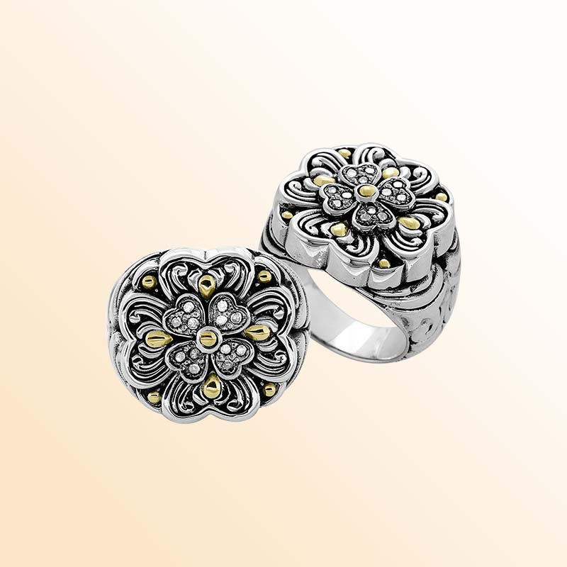 Sterling Silver With 18K Gold Diamond Floral Petal Cluster Ring With Intricate Balinese Carvings.