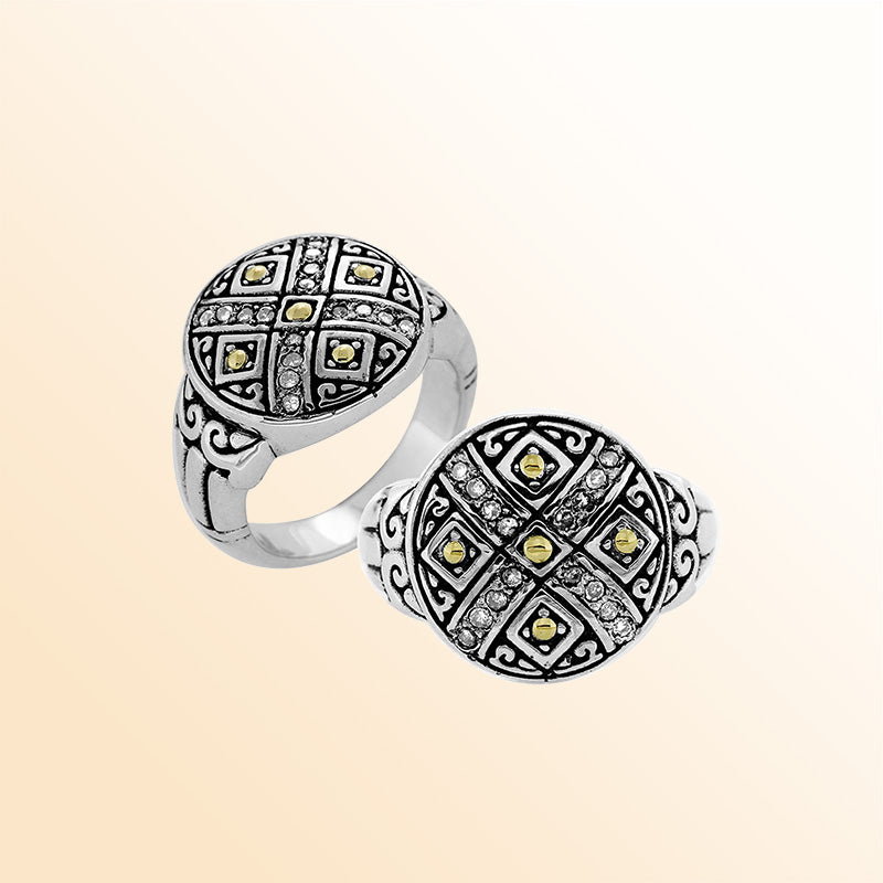 Sterling Silver With 18K Gold Diamond Cross Mandala Ring With Intricate Balinese Carvings.