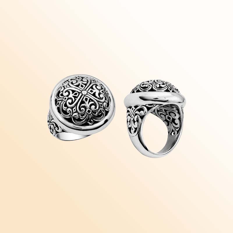 Silver Overlay Over Copper Round Carved Dome Ring With Artistic Balinese Engravings.