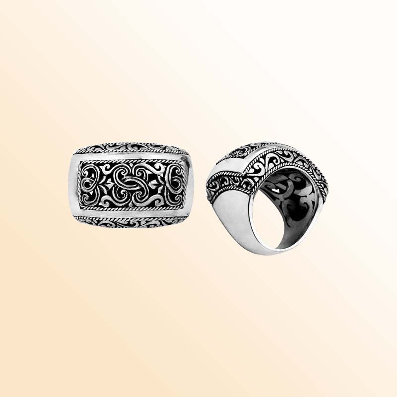 Silver Overlay Over Copper Wide Scrollwork Balinese Ring With Heritage Carvings.