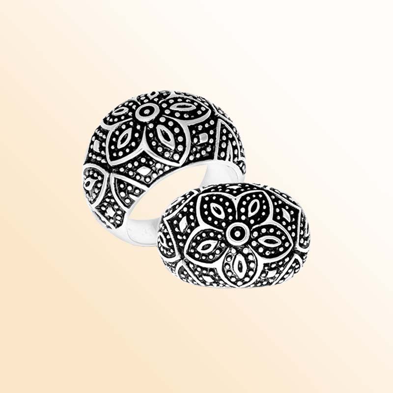 Silver Overlay Over Copper Handcrafted Floral Dome Ring With Balinese Detailing