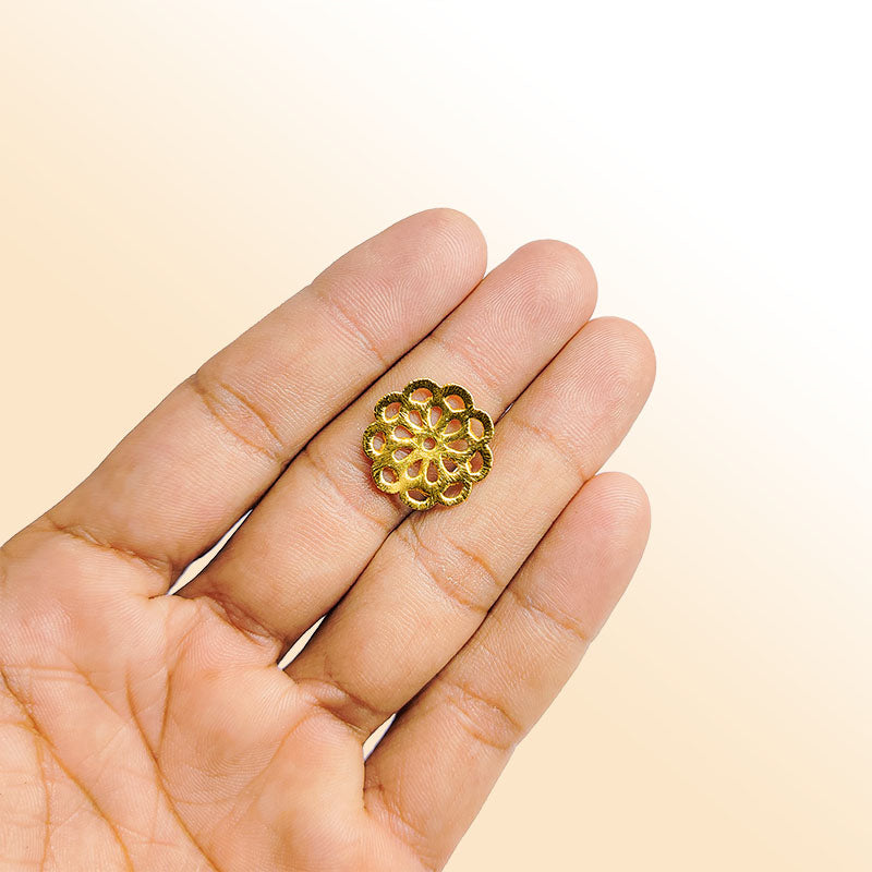 Elegant floral filigree round jewelry accent with 18K gold overlay over copper handcrafted in India
