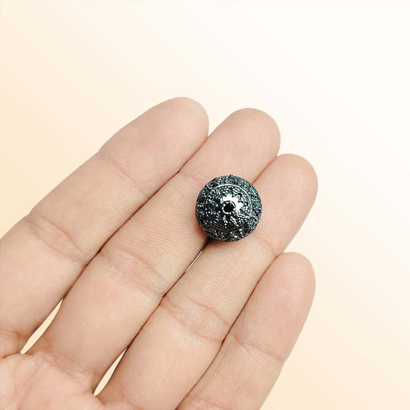 Handcrafted black rhodium overlay copper ornate scroll dome round bead from India with vintage floral texture