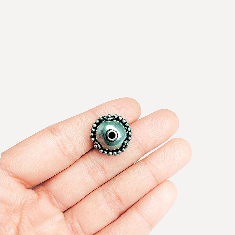 Handcrafted silver overlay decorative bead from India with oxidized finish and beaded round design for retail jewelry making