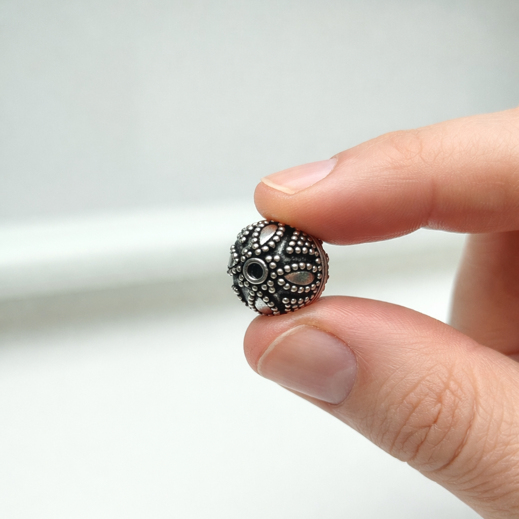 Handcrafted silver overlay floral filigree bead from India with oxidized finish for retail jewelry making
