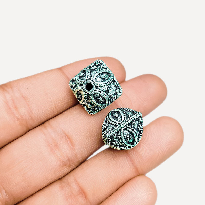 Handcrafted silver overlay square bead from India with oxidized finish and floral design for retail jewelry making