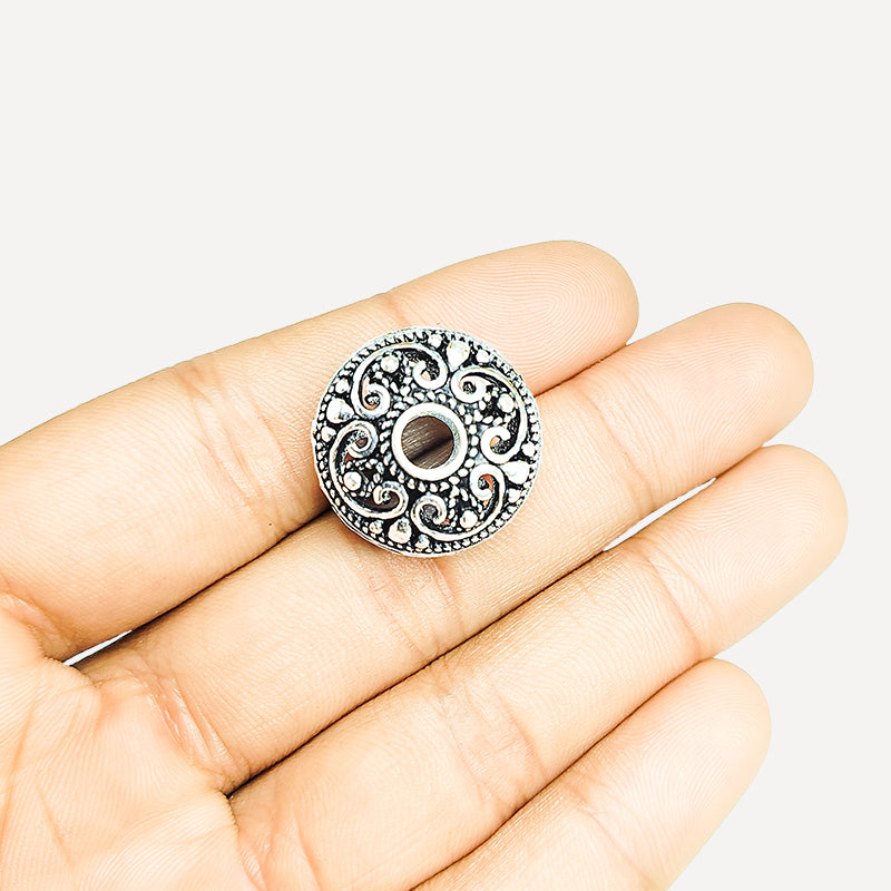 Handcrafted silver overlay round bead from India with oxidized finish and scroll filigree design for retail jewelry making