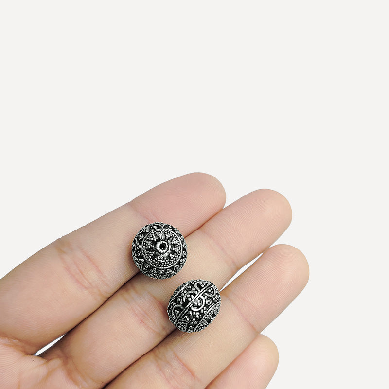 Vintage silver overlay over copper handcrafted domed round bead with floral granulation made in India for jewelry making