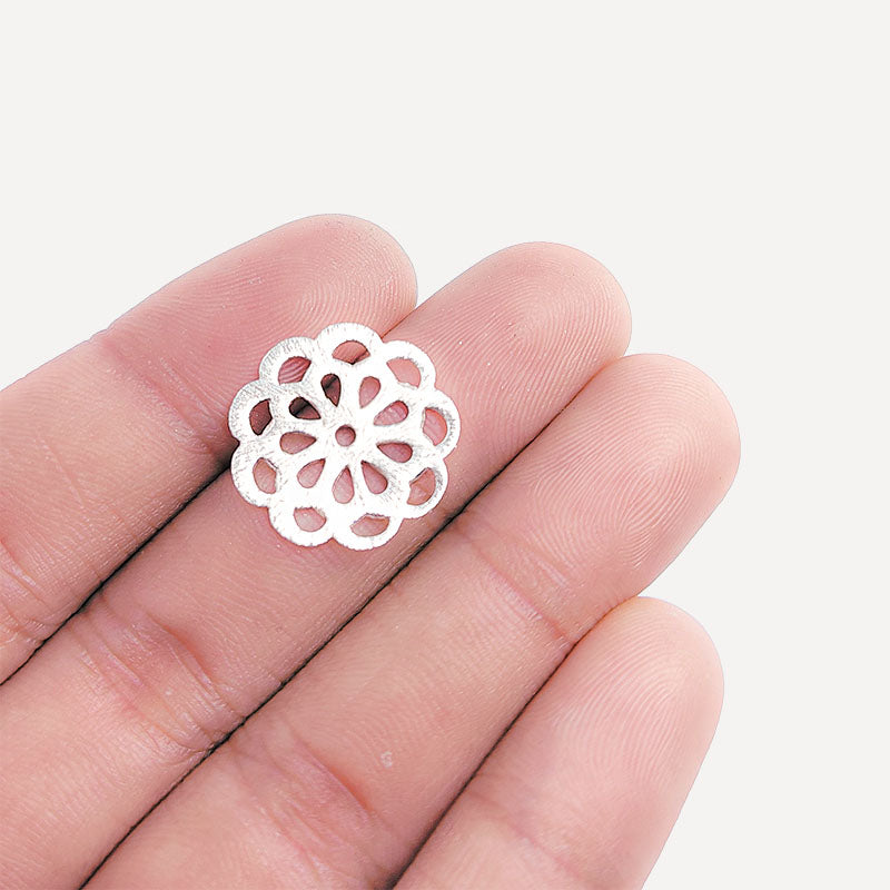 Artisan silver overlay over copper handcrafted openwork floral disc bead made in India for jewelry making