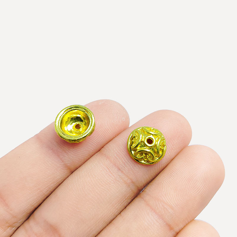 18K Gold Overlay Over Copper rounded swirl dome bead cap with decorative cut-out design, handmade jewelry making component from India.
