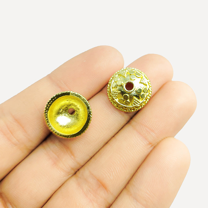 18K Gold Overlay Over Copper textured dome bead cap with hammered dot pattern, handmade jewelry making component from India.
