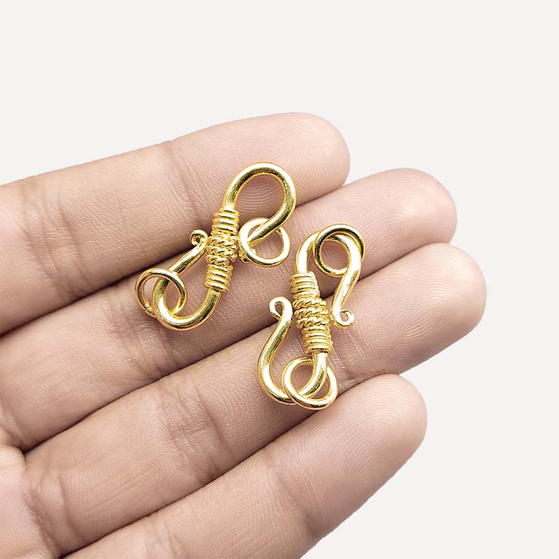 Elegant 18K Gold Overlay Over Copper S-hook jewelry clasp with wrapped center, handcrafted in India