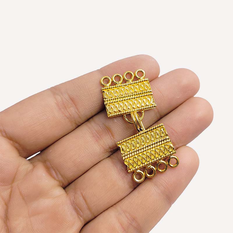 Elegant Rectangular Bar Multi Strand Clasp With 4 Holes Handcrafted In India With 18K Gold Overlay Over Copper For Necklaces And Bracelets