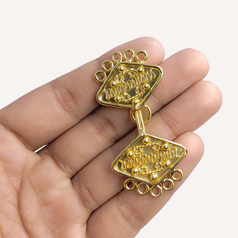 Elegant Diamond Shape Multi Strand Clasp With 5 Holes Handcrafted In India With 18K Gold Overlay Over Copper For Necklaces And Bracelets