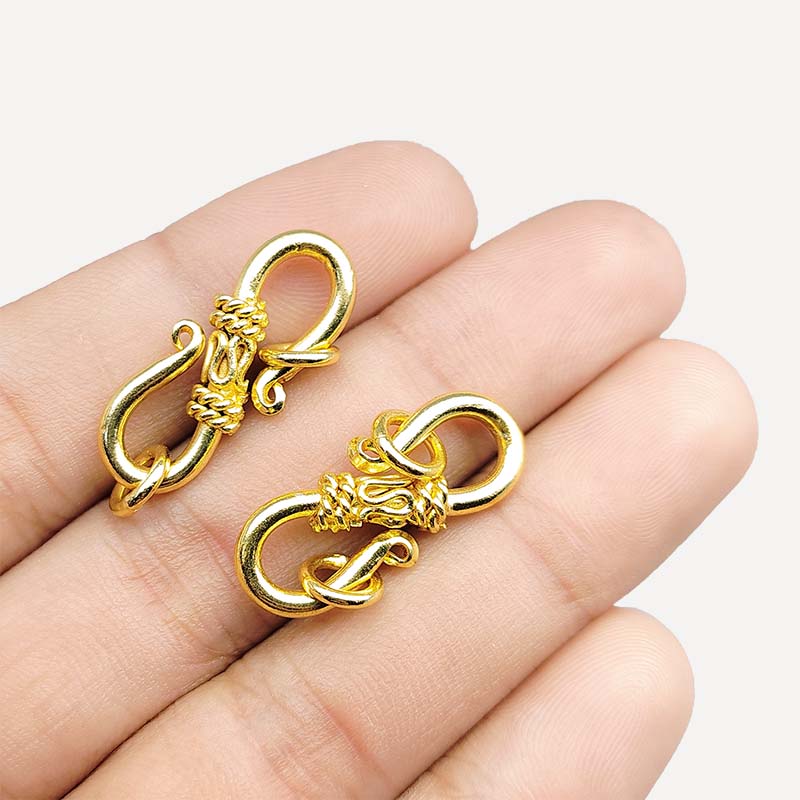Decorative S hook clasp with rings, 18K Gold Overlay Over Copper, handcrafted in India for necklaces and bracelets.