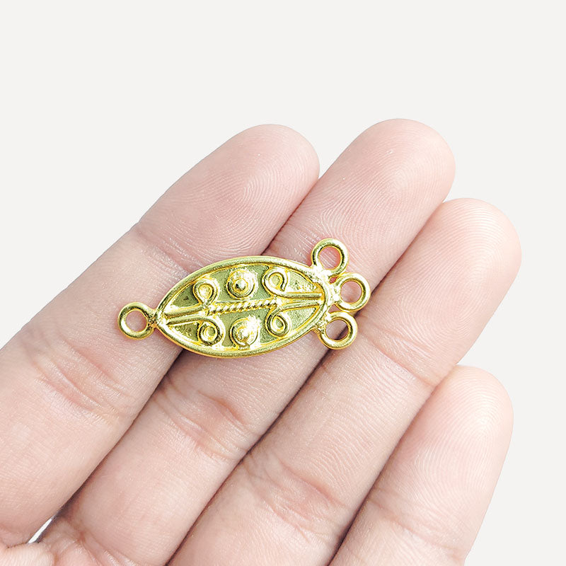 Handcrafted 18K Gold Overlay Over Copper decorative oval connector with 3 loops from India for DIY jewelry designs