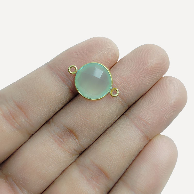 Handcrafted 18K Gold Overlay Over Copper faceted round Aqua Chalcedony Quartz connector from India for DIY jewelry designs