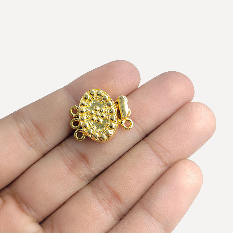 Elegant oval studded multi strand magnetic clasp with 3 hole, 18K Gold Overlay Over Copper, handcrafted in India.