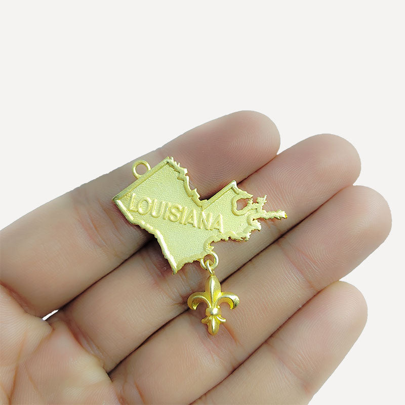 18K Gold Overlay Over Copper Louisiana state outline pendant with fleur-de-lis drop, handcrafted in India gold-tone jewelry