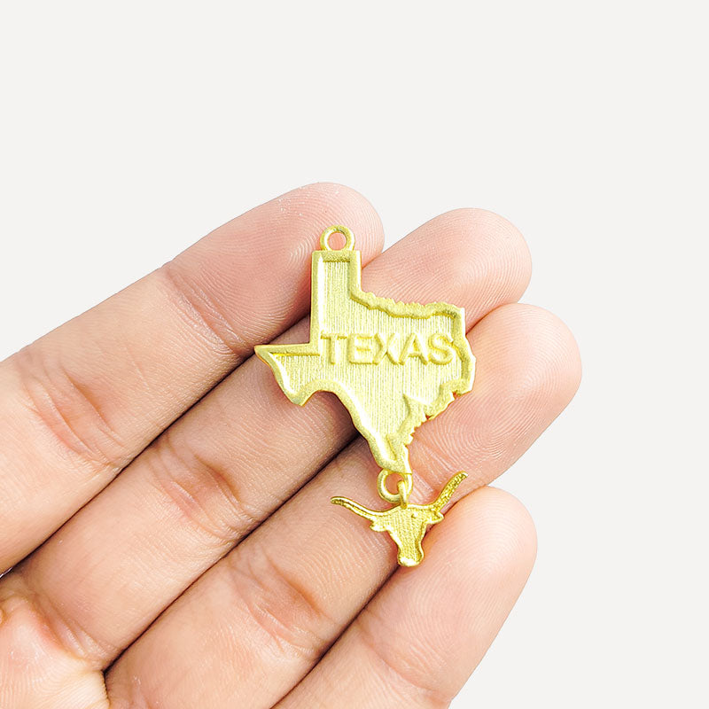 18K Gold Overlay Over Copper Texas state outline pendant with engraved text and longhorn drop, handcrafted in India