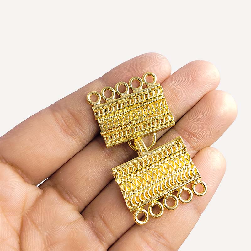 18K Gold Overlay Over Copper multi strand hook with 5 holes decorative clasp, handcrafted in India jewelry making component