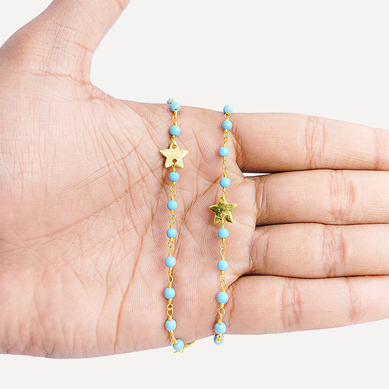 Elegant turquoise shell beaded necklace with star motif accents and smooth 18K Gold Overlay Over Copper designed for everyday and festive wear