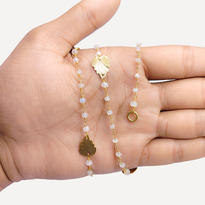 Elegant rainbow moonstone beaded necklace with leaf motif accents and smooth 18K Gold Overlay Over Copper designed for everyday and festive wear