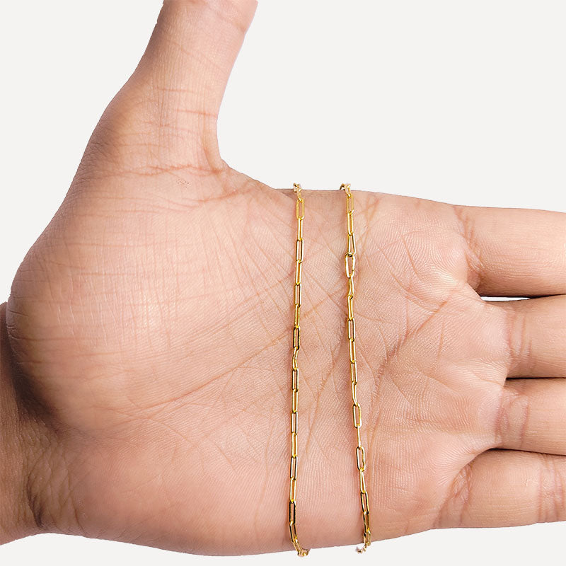 Elegant elongated link chain made with 18K Gold Overlay Over Copper featuring smooth polished finish and elongated links, sold per foot for custom jewelry projects