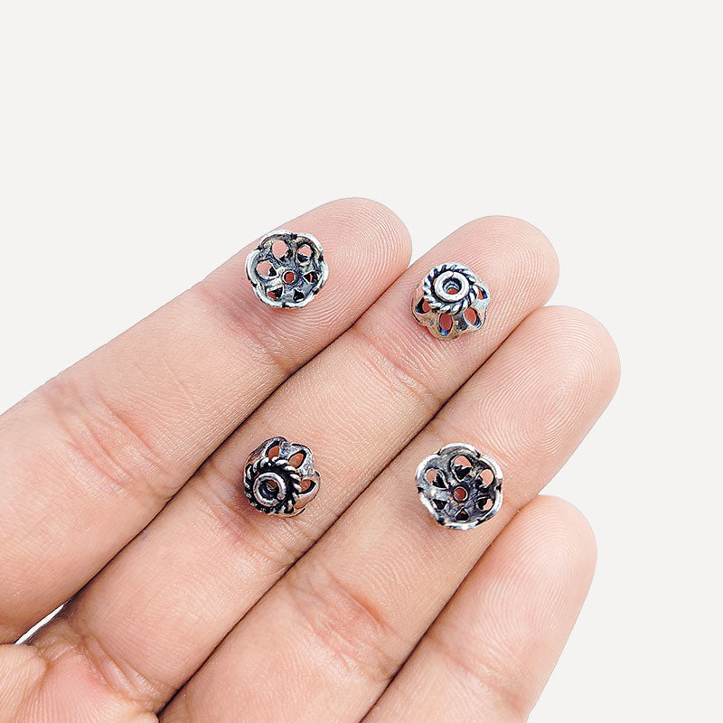 Silver overlay over copper floral bead cap for decorative handmade jewelry designs