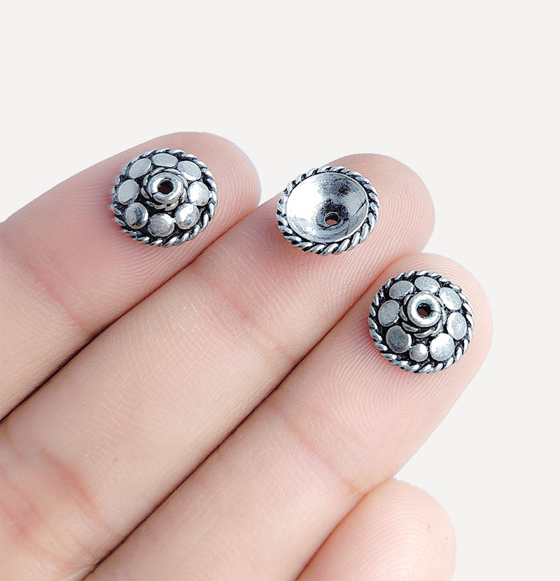 Silver Overlay Over Copper artisan round floral bead cap handmade in India with antique oxidized finish.