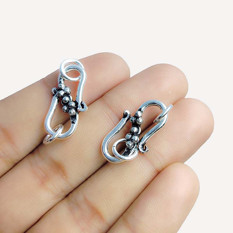 Silver Overlay over Copper vintage S hook clasp from India with decorative bead design and antique finish.
